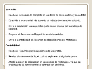 Almacén:
• Recibe el formulario, lo completa en los ítems de costo unitario y costo total.
• Da salida a los materia1 de acuerdo al método de valuación utilizado.
• Envía a producción los materiales, junto con el original del formulario de
solicitud.
• Preparar el Resumen de Requisiciones de Materiales.
• Envía a Contabilidad el Resumen de Requisiciones de Materiales.
Contabilidad:
• Recibe el Resumen de Requisiciones de Materiales.
• Realiza el asiento contable, el cual se explica en el siguiente punto.
• Afecta la orden de producción en la columna de materiales , ya que su
encabezado se llenó cuando se contrató con el cliente.
 