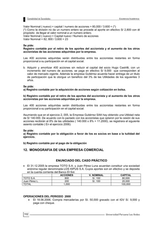102
Valor Nominal ( nuevo) = capital / numero de acciones = 80,000 / 3.600 = (*)
(*) Como la división no da un numero entero se procede al aporte en efectivo S/ 2,800 con él
propósito de llegar el valor nominal a un numero entero.
Valor Nominal ( nuevo) = Capital nuevo / Numero de acciones
Valor Nominal = 82, 800 / 3,600 = 23
Se pide:
Registro contable por el retiro de los aportes del accionista y el aumento de los otros
accionistas de las accioness adquiridas por la empresa.
Las 400 acciones adquiridas serán distribuidas entre los accionistas restantes en forma
proporcional a su participación en el capital social.
b. Adquirir y amortizar 400 acciones sin reducir el capital del socio Hugo Castrilli, con un
incremento del numero de acciones, se paga en efectivo S/ 9,000 que corresponden al
valor de mercado vigente. Además la empresa Gutiérrez acuerda hacer entrega de un titulo
de participación que le otorgue un beneficio del 3% de las Utilidades de los siguientes 3
años.
Se pide:
a) Registro contable por la adquisición de acciones según cotización en bolsa.
b) Registro contable por el retiro de los aportes del accionista y el aumento de los otros
accionistas por las acciones adquiridas por la empresa.
Las 400 acciones adquiridas serán distribuidas entre los accionistas restantes en forma
proporcional a su participación en el capital social.
Asumiendo que en el ejercicio 2, 005, la Empresa Gutiérrez SAA hay obtenido una Utilidad neta
de S/ 140.000. De acuerdo con lo pactado con los accionistas que optaron por la cesión de sus
acciones recibirán el 8% de las utilidades ( 140.000 x 8% = 11.2000), se registrara el siguiente
asiento contable ( En el ejercicio 2006):
Se pide:
a) Registro contable por la obligación a favor de los ex socios en base a la tuilidad del
ejercicio.
b) Registro contable por el pago de la obligación
12. MONOGRAFIA DE UNA EMPRESA COMERCIAL
ENUNCIADO DEL CASO PRÁCTICO
 El 31.12.2005 la empresa TOTO S.A. y Juan Pérez Luna acuerdan constituir una sociedad
anónima regular denominada LOS KIPUS S.A. Cuyos aportes son en efectivo y se deposita
en la cuenta corriente del Banco El Sol.
ACCIONES V. NOMINAL CAPITAL
TOTO S.A. 800 S/. 100 80,000
Juan Pérez L. 200 S/. 100 20,000
TOTAL 1,000 100,000
OPERACIONES DEL PERIODO 2000
 El 18.06.2006. Compra mercaderías por SI. 50,000 gravado con el IGV S/. 9,000 y
paga con cheque.
 