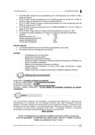 103
 El 30.06.2006. Compras una computadora por SI. 2,000 gravado con el IGV S/. 360 y
paga con cheque.
 El 25.07.2006. Vende mercaderías por S/. 80,000 gravado con el IGV S/. 14,400 en
efectivo y luego lo deposita en la cuenta corriente del banco.
 El 31.07.2006. Efectuó el pago a cuenta del impuesto a la renta del periodo julio del
2000 con cheque por S/.1,600.
 El 15.09.2000. Compra acciones de la Cía. "EL MÁS GRANDE S.A.", por S/. 10,000. A
pagar el 31.01.2001
 El 28.10.2000. Paga multa con cheque a la Municipalidad de Lima por SI. 500.
 La planilla de sueldos pagados con cheque en el ejercicio del 2000 correspondió:
Sueldos S/. 6,500
Retenciones SNP 13% 845
Aportes del Empleador IES 5% 325
Aporte de ESSALUD 9% 585
TOTAL NETO PAGADO 5,655
DATOS FINALES
 La empresa determina que la vida útil de la computadora e de 2 años.
 El inventario final de mercaderías es de 20,000
SE PIDE:
- Contabilización en el Libro Diario
- Mayorización del Libro Diario
- Balance de Comprobación Histórico
- Ajuste por Inflación del balance General y Estado de Ganancias y Pérdidas con
efectos contables y tributarios.
- Balance de comprobación ajustado por inflación
- Determinación del Impuesto a la renta: Como gasto del Ejercicio, a pagar
SUNAT y diferido.
- Estados Financieros: Estado de Ganancias y Pérdidas y Balance General.
Bunger Mario.- La Ciencia, su método y su filosofía”.
Dr. Manuel O. Alpaca Salazar.- La Ley General de Sociedades
Ley General de Sociedades.- Ley 26887
Dr. Manuel O. Alpaca Salazar.- La Ley General de Sociedades
Informativo Caballero Bustamante.- La Ley General de Sociedades (exposicón de motivos,
comentarios)
Con el conocimiento referente a las sociedades , su conceptos más saltantes y el estudio de los
procedmientos de constitución de una Sociedad Anónima sean estas Sociedades Anónimas
Abiertas o Cerradas; además del reconocimiento de los modelos de minutas y el dominio de las
técnicas de su proceso contable , en el siguiente fascículo conoceremos el tratamiento que se da a
la formación de otras formas societarias siendo estas , la Sociedad Colectiva, la Sociedad
Encomandita, la Sociedad de Responsabilidad Limitada y la sociedad Civil
REFLEXION
“NUNCA TE EMBARQUES EN UN NEGOCIO O EMPRESA SIN ANTES HACER EL CALCULO DEL
PUNTO DE EQUILIBRIO. ES PREFERIBLE QUE PIERDAS MEDIA HORA DE TU TIEMPO, EN VEZ DE
PERDER LOS AHORROS DE TODA TU VIDA”
 