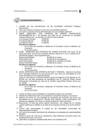 139
1. ¿Cuáles son las características de las sociedades colectivas? Explique
brevemente.
2. ¿Por qué motivos se separa un socio de una sociedad colectiva?
3. ¿En quén o quienes recae la administración de una sociedad colectiva?
4. CASO: APERTURA CON APORTES EN DINERO CANCELADOS
INTEGRAMENTE.-El 1 de feberero del 2003 se ha constituído la sociedad
colectiva Ramos S.C. con aportes en dinero de los señores:
Luis Garayar Pacheco 18,000.00
Luis Ramos Barrios 15,000.00
Luis Mauricio Ruiz 17,000.00
Se pide los registros:
- En el Libro de Inventario y Balances: El inventario incial y el Balance de
Inventario
- En el Libro diario
5. CASO : APERTURA CON APORTES DE VARIOS ACTIVOS.-Con fecha 10 de
marzo del 2003, se forma la sociedad colectiva Aquije S.C. con un capital de S/.
200,000.00 pagado de la siguiente forma:
Daciel Aquije Robles 80,000.00 en dinero
David Guerra Paz 50,000.00 en mercaderías
Juan Elías salazar 30,000.00 en muebles y enseres
Nicanor Sifuentes Alejos 40,000.00 en dinero
Se pide los registros:
- En el Libro de Inventario y Balances: El inventario incial y el Balance de
Inventario
- En el Libro diario
6. CASO: APERTURA CON APORTES ACTIVOS Y PASIVOS.- Aperturar los libros
de la Sociedad Colectiva La rosa-Lituma S.C. que inicia sus actividades el 2 de
mayo del 2003 con los siguientes aportes:
Juan La rosa Ramos un automovil datsun placa de rodaje EI-1176 valorado en S/.
60,000 con una letra pendiente de cancelación por S/. 5,000.00; Pedro Lituma
Portocarrero mercadrias por valor de S/. 45,000; Jorge Pérez Piñeyro dinero por
S/. 30,000
Se pide los registros:
- En el Libro de Inventario y Balances: El inventario incial y el Balance de
Inventario
- En el Libro diario
7. ¿Cómo se define a las sociedades en comandita simple y por acciones?
8. Señale tres diferencias entre una sociedad en comandita simple y or acciones?
9. Aperture los libros de una sociedad en comandita por acciones que inicia sus
actividades con un capital de S/. 160,000; 50% colectivo y 50% comanditario. Los
aportes son pagados con dinero en partes iguales por cuatro semanas.
10. Suponiendo, al final del primer ejercio económico, una utilidad de S/. 28,500
¿Cómo distribuye la utilidad si se trata de la empresa formda en el punto anterior
(9)?
11. ¿Cómo esta representado el capital en las sociedades comerciales de
responsabilidad limitada?
12. ¿En qué forma pueden distribuirse las utilidades en sociedades de responsabilidad
limitada?
13. Desde el punto de vista de su constitución ¿Qué diferencia encuentra entre una
sociedad mercantil y una civil?
14. ¿Qué libros y registros contables debe llevar una sociedad civil?
 
