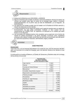 143
 Aclaremos la diferencia entre SUCURSAL y AGENCIA.
 Algunas empresas para ampliar el volumen comercial establecen oficinas de ventas, las
mismas que pueden estar bajo el control de la principal (casa matriz) o funcionar
independientemente. En el primer caso se trata de AGENCIAS y en el segundo de
SUCURSALES.
 Las agencias son locales zonales que se instalan con la finalidad de brindar atención y
mejorar las relaciones con los clientes.
 La casa principal es la que asigna los fondos que la agencia requiere para sus gastos de
funcionamiento, los que serán controlados mediante un libro auxiliar con las
características de FONDO FIJO. Su reposición se efectuará en la medida que estos
fondos se van diluyendo.
 Las sucursales son establecimientos más completos que se aperturan con el animo de
mejorar la política empresarial o de ganar mercados. Funcionan como verdaderas
empresas para realizar el objeto social fuera del domicilio de la principal; para ello gozan
de autonomía económica, financiera, administrativa, legal y contable.
CASO PRACTICO
ENUNCIADO
Team Perú S.A., es una empresa domiciliada en la ciudad de Lima, el 02 de diciembre del 2001
abre una sucursal en la ciudad de Arequipa, para una atención directa a los clientes en esa
localidad.
A continuación se muestra el Balance y el Estado de Ganancias y Pérdidas antes de la entrega
de los activos a la sucursal.
Team Perú S.A.
BALANCE GENERAL
Al 02 de diciembre el 2001
Caja y bancos 11,000
Clientes 18,000
Cuentas por Cobrar Diversas 7,000
Mercaderías 13,640
Inmuebles, maquinarais y equipos 90,000
Depreciación y Amortización Acumulada 54,000
Tributos por pagar 6,000
Proveedores 8,000
Cuentas por pagar Diversas 12,140
Beneficios sociales 3,000
Capital 50,000
Reservas 2,500
Resultados acumulados 2,000
Resultados del ejercicio 2,000
139,640 139,640
 