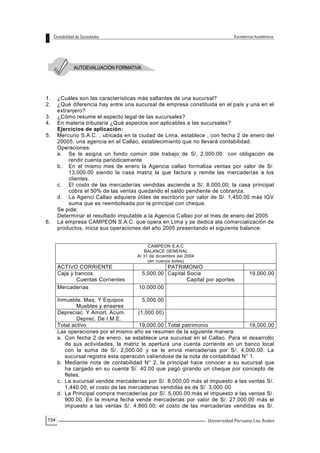 154
1. ¿Cuáles son las características más saltantes de una sucursal?
2. ¿Qué diferencia hay entre una sucursal de empresa constituida en el país y una en el
extranjero?
3. ¿Cómo resume el aspecto legal de las sucursales?
4. En materia tributaria ¿Qué aspectos son aplicables a las sucursales?
Ejercicios de aplicación:
5. Mercurio S.A.C. , ubicada en la ciudad de Lima, establece , con fecha 2 de enero del
20005, una agencia en el Callao, establecimiento que no llevará contabilidad.
Operaciones:
a. Se le asigna un fondo común dde trabajo de S/, 2,000.00 con obligación de
rendir cuenta periódicamente.
b. En el mismo mes de enero la Agencia callao formaliza ventas por valor de S/.
13,000.00 siendo la casa matriz la que factura y remite las mercaderías a los
clientes.
c. El costo de las mercaderías vendidas asciende a S/. 8,000,00; la casa principal
cobra el 50% de las ventas quedando el saldo pendiente de cobranza.
d. La Agenci Callao adquiere útiles de escritorio por valor de S/. 1,450.00 más IGV
suma que es reembolsada por la principal con cheque.
Se pide:
Determinar el resultado imputable a la Agencia Callao por el mes de enero del 2005
6. La empresa CAMPEON S.A.C. que opera en Lima y se dedica ala comercialización de
productos, inicia sus operaciones del año 2005 presentando el siguiente balance:
CAMPEON S.A.C
BALANCE GENERAL
Al 31 de diciembre del 2004
(en nuevos soles)
ACTIVO CORRIENTE PATRIMONIO
Caja y bancos
Cuentas Corrientes
5,000.00 Capital Socia
Capital por aportes
19,000.00
Mercaderías 10,000.00
Inmueble. Maq. Y Equipos
Muebles y enseres
5,000.00
Depreciac. Y Amort. Acum.
Deprec. De I.M.E.
(1,000.00)
Total activo 19,000.00 Total patrimonio 19,000.00
Las operaciones por el mismo año se resumen de la siguiente manera:
a. Con fecha 2 de enero, se establece una sucursal en el Callao. Para el desarrollo
de sus actividades, la matriz le apertura una cuenta corriente en un banco local
con la suma de S/. 2,000.00 y se le envía mercaderías por S/. 4,000.00. La
sucursal registra esta operación valíendose de la nota de contabilidad N° 1.
b. Mediante nota de contabilidad N° 2, la principal hace conocer a su sucursal que
ha cargado en su cuenta S/. 40.00 que pagó girando un cheque por concepto de
fletes.
c. La sucursal vendde mercaderías por S/. 8,000.00 más el impuesto a las ventas S/.
1,440.00; el costo de las mercaderias vendidas es de S/. 3,000.00
d. La Principal compra mercaderías por S/. 5,000.00 más el impuesto a las ventas S/.
900.00. En la misma fecha vende mercaderias por valor de S/. 27,000.00 más el
impuesto a las ventas S/. 4,860.00; el costo de las mercaderias vendidas es S/.
 
