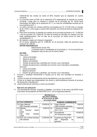 155
9,000.00.De las ventas se cobra el 50% importe que se deposita en cuenta
corriente.
e. La sucursal cobra el 60% de la operación N°3 depositando el importe en cuenta
corriente. Luego gira un cheque a nombre de la principal por S/. 40.00 para
reembolsar los fletes de la operación N° 2. La nota de contabilidad emitida por la
sucursal lleva el N° 1.
f. La matriz cancela con cheque arbitrios municipales por S/. 213.00 más un recargo
de S/. 9.00 y, como pago a cuenta del impuesto a la renta de tercera catergoría S/.
300.00
g. Para todo el periodo, la planilla de sueldos de la principal asciende a S/. 12,000.00
y de la sucursal a S/. 6,000.00. El neto de ambas se cancela con cheque uno por
cada establecimiento. Por el neto de la sucursal, la matriz envía la nota de
contabilidad N° 3.
h. Se registra y paga con cheque lo siguiente:
En la mariz, alquileres por S/. 2,000.00; en la sucursal, útiles de escritorio para
consumo S/. 500.00
DATOS ADICIONALES
- Depreciación anual 10%
- La empres tiene 2 empleados en la principal y 1 en la sucursal que
trabajaron todo el año con el mismo haber.
SE PIDE
Casa natriz
 Libros principales
 Balance general
 Balace consolidado
 Estado de ganancias y pérdidas por función y por naturaleza
 Estado de ganancias y pérdidas por función y por naturaleza consolidado.
Sucursal
 Libros principales
 Balance General
 Estado de ganancias y pérdidas por función y por naturaleza.
7. Enuncie y explique brevemente 4 causas por la que una sociedad se disuelve y
liquida.
8. ¿Cómo se hace el nombramiento de los liquidadores y en qué número?
9. ¿Cúal es el papel que desempeñan los socios y administradores durante el proceso
de disolución y liquidación?
10. ¿Qué entiende por extinción y cómo se procede?
Ejercicio de aplicación
11. Los liquidadores Alvarez, buendía y caballero, con fecha 15 de marzo del 2004 inican
el proceso de liquidación de REUTER S.A.C. con el siguiente balance:
REUTER S.A.C.
BALANCE GENERAL
Al 15 de marzo de 2004
(en nuevos soles)
ACTIVO CORRIENTE PASIVO CORRIENTE
10 Caja y Bancos
1041 Cuentas corrientes
10,000.00 10 Caja y bancos
1042 Cuentas corrientes
1,000.00
12 Clientes
121 Fact.por cobrar
4,000
129 Cobr. Dudosa
1,000
5,000.00 40 Tributos por pagar
4011 I.G.V.
5,000.00
42 Proveedores
421 facturas por pagar
19,000.00
19 Prov. Cta. Cobran Dudosa
192 Clientes
(1,000.00) 46 Cuentas por Pagar Div.
467 Depósitos en
garantía
2,000.00
 