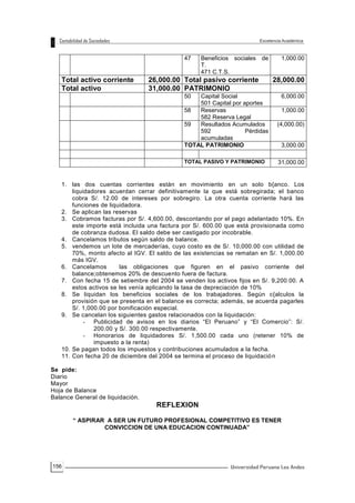 156
47 Beneficios sociales de
T.
471 C.T.S.
1,000.00
Total activo corriente 26,000.00 Total pasivo corriente 28,000.00
Total activo 31,000.00 PATRIMONIO
50 Capital Social
501 Capital por aportes
6,000.00
58 Reservas
582 Reserva Legal
1,000.00
59 Resultados Acumulados
592 Pérdidas
acumuladas
(4,000.00)
TOTAL PATRIMONIO 3,000.00
TOTAL PASIVO Y PATRIMONIO 31,000.00
1. las dos cuentas corrientes están en movimiento en un solo b{anco. Los
liquidadores acuerdan cerrar definitivamente la que está sobregirada; el banco
cobra S/. 12.00 de intereses por sobregiro. La otra cuenta corriente hará las
funciones de liquidadora.
2. Se aplican las reservas
3. Cobramos facturas por S/. 4,600.00, descontando por el pago adelantado 10%. En
este importe está incluida una factura por S/. 600.00 que está provisionada como
de cobranza dudosa. El saldo debe ser castigado por incobrable.
4. Cancelamos tributos según saldo de balance.
5. vendemos un lote de mercaderías, cuyo costo es de S/. 10,000.00 con utilidad de
70%, monto afecto al IGV. El saldo de las existencias se rematan en S/. 1,000.00
más IGV.
6. Cancelamos las obligaciones que figuren en el pasivo corriente del
balance;obtenemos 20% de descuento fuera de factura.
7. Con fecha 15 de setiembre del 2004 se venden los activos fijos en S/. 9,200.00. A
estos activos se les venía aplicando la tasa de depreciación de 10%
8. Se liquidan los beneficios sociales de los trabajadores. Según c{alculos la
provisión que se presenta en el balance es correcta; además, se acuerda pagarles
S/. 1,000.00 por bonificación especial.
9. Se cancelan los siguientes gastos relacionados con la liquidación:
- Publicidad de avisos en los diarios “El Peruano” y “El Comercio”: S/.
200.00 y S/. 300.00 respectivamente.
- Honorarios de liquidadores S/. 1,500.00 cada uno (retener 10% de
impuesto a la renta)
10. Se pagan todos los impuestos y contribuciones acumulados a la fecha.
11. Con fecha 20 de diciembre del 2004 se termina el proceso de liquidación
Se pide:
Diario
Mayor
Hoja de Balance
Balance General de liquidación.
REFLEXION
“ ASPIRAR A SER UN FUTURO PROFESIONAL COMPETITIVO ES TENER
CONVICCION DE UNA EDUCACION CONTINUADA”
 