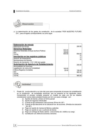 38
 La determinación de los gastos de constitución de la sociedad “POR NUESTRO FUTURO
S.A.”, para el registro correspondiente, es como sigue
Elaboración de minuta
Elaboración de minuta
Derechos Notariales
Derechos Notariales (Incluye escritura Pública)
IGV
TOTAL
Inscripción en los registros públicos
Derecho de Presentación
Nombramiento de Gerente
Derecho de Inscripción ( 3 X 1,000 del capital)
Autorización de Apertura de Establecimiento
Municipalidad de Huancayo
Legalización de Libros de Contabilidad
8 libros-Registros Contables
IGV
TOTAL
550.00
104.50
654.50
160.00
30.40
200.00
654.50
31
17
33
250.00
190.40
985.50
TOTAL 985.50
1. Preste Ud. mucha atención a su tutor del curso para comprender el proceso de contabilización
en la constitución de sociedades anónimas, que se presenta en los siguientes casos.
Comprendido el proceso contable presente un modelo de cada uno de los tratados
considerando nuevos datos predeterminados por Ud. Los casos a trabajar son:
a) Aportes de bienes y dinero en forma parcial
b) Aporte de negocios individuales
c) Cuando se fija sobreprecio a las acciones (Prima Art. 85°)
d) Cuando se fija descuento en la colocación de las acciones (Pérdida de colocación
. Art. 85°)
e) Pago con aporte de marcas de fábrica y patentes
f) Pago con aporte en uso o usufructo de bienes
g) Pago con entrega de títulos valores o documentos de crédito a su cargo.
h) Constitución con oferta de acciones a terceros
 
