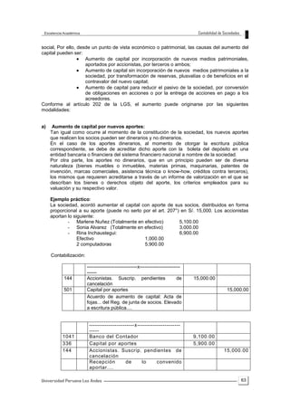 63
social, Por ello, desde un punto de vista económico o patrimonial, las causas del aumento del
capital pueden ser:
 Aumento de capital por incorporación de nuevos medios patrimoniales,
aportados por accionistas, por terceros o ambos;
 Aumento de capital sin incorporación de nuevos medios patrimoniales a la
sociedad, por transformación de reservas, plusvalías o de beneficios en el
contravalor del nuevo capital;
 Aumento de capital para reducir el pasivo de la sociedad, por conversión
de obligaciones en acciones o por la entrega de acciones en pago a los
acreedores.
Conforme al artículo 202 de la LGS, el aumento puede originarse por las siguientes
modalidades:
a) Aumento de capital por nuevos aportes:
Tan igual como ocurre al momento de la constitución de la sociedad, los nuevos aportes
que realicen los socios pueden ser dinerarios y no dinerarios.
En el caso de los aportes dinerarios, al momento de otorgar la escritura pública
correspondiente, se debe de acreditar dicho aporte con la boleta del depósito en una
entidad bancaria o financiera del sistema financiero nacional a nombre de la sociedad.
Por otra parte, los aportes no dinerarios, que en un principio pueden ser de diversa
naturaleza (bienes muebles o inmuebles, materias primas, maquinarias, patentes de
invención, marcas comerciales, asistencia técnica o know-how, créditos contra terceros),
los mismos que requieren acreditarse a través de un informe de valorización en el que se
describan los bienes o derechos objeto del aporte, los criterios empleados para su
valuación y su respectivo valor.
Ejemplo práctico:
La sociedad, acordó aumentar el capital con aporte de sus socios, distribuidos en forma
proporcional a su aporte (puede no serlo por el art. 207°) en S/. 15,000. Los accionistas
aportan lo siguiente:
- Marlene Nuñez (Totalmente en efectivo) 5,100.00
- Sonia Alvarez (Totalmente en efectivo) 3,000.00
- Rina Inchaustegui: 6,900.00
Efectivo 1,000.00
2 computadoras 5,900.00
Contabilización:
-------------------------------x-------------------------
------
144 Accionistas. Suscrip. pendientes de
cancelación
15,000.00
501 Capital por aportes 15,000.00
Acuerdo de aumento de capital: Acta de
fojas... del Reg. de junta de socios. Elevado
a escritura pública....
-----------------------x----------------------
-----
1041 Banco del Contador 9,100.00
336 Capital por aportes 5,900.00
144 Accionistas. Suscrip. pendientes de
cancelación
15,000.00
Recepción de lo convenido
aportar....
 