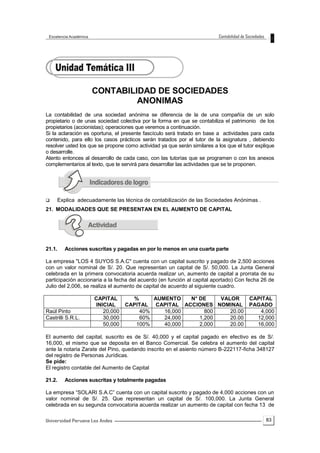 83
CONTABILIDAD DE SOCIEDADES
ANONIMAS
La contabilidad de una sociedad anónima se diferencia de la de una compañía de un solo
propietario o de unas sociedad colectiva por la forma en que se contabiliza el patrimonio de los
propietarios (accionistas); operaciones que veremos a continuación.
Si la aclaración es oportuna, el presente fascículo será tratado en base a actividades para cada
contenido, para ello los casos prácticos serán tratados por el tutor de la asignatura , debiendo
resolver usted los que se propone como actividad ya que serán similares a los que el tutor explique
o desarrolle.
Atento entonces al desarrollo de cada caso, con las tutorías que se programen o con los anexos
complementarios al texto, que te servirá para desarrollar las actividades que se te proponen.
 Explica adecuadamente las técnica de contabilización de las Sociedades Anónimas .
21. MODALIDADES QUE SE PRESENTAN EN EL AUMENTO DE CAPITAL
21.1. Acciones suscritas y pagadas en por lo menos en una cuarta parte
La empresa "LOS 4 SUYOS S.A.C" cuenta con un capital suscrito y pagado de 2,500 acciones
con un valor nominal de S/. 20. Que representan un capital de S/. 50,000. La Junta General
celebrada en la primera convocatoria acuerda realizar un, aumento de capital a prorrata de su
participación accionaria a la fecha del acuerdo (en función al capital aportado) Con fecha 26 de
Julio del 2,006, se realiza el aumento de capital de acuerdo al siguiente cuadro.
CAPITAL
INICIAL
%
CAPITAL
AUMENTO
CAPITAL
N° DE
ACCIONES
VALOR
NOMINAL
CAPITAL
PAGADO
Raúl Pinto 20,000 40% 16,000 800 20.00 4,000
Castrilli S.R.L. 30,000 60% 24,000 1,200 20.00 12,000
50,000 100% 40,000 2,000 20.00 16,000
El aumento del capital, suscrito es de S/. 40,000 y el capital pagado en efectivo es de S/.
16,000, el mismo que se deposita en el Banco Comercial. Se celebra el aumento del capital
ante la notaria Zarate del Pino, quedando inscrito en el asiento número B-222117-ficha 348127
del registro de Personas Jurídicas.
Se pide:
El registro contable del Aumento de Capital
21.2. Acciones suscritas y totalmente pagadas
La empresa “SOLARI S.A.C” cuenta con un capital suscrito y pagado de 4,000 acciones con un
valor nominal de S/. 25. Que representan un capital de S/. 100,000. La Junta General
celebrada en su segunda convocatoria acuerda realizar un aumento de capital con fecha 13 de
 