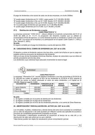 95
El pago de dividendos a los socios de cada una de las empresas, en el año 2006es:
“A” puede pagar dividendos por S/. 5,000. Luego queda: C< P, 80,000< 90,000.
“B” puede pagar dividendos a Cta. por S/ 1,000. Queda: C< P, 80,000 < 80,000.
“C” puede pagar dividendos a Cta. por S/ 6,000. Queda: C< P, 80,000< 80,000.
“D” no puede pagar dividendos por que tienen: C< P, 80,000< 80,000.
“E” puede pagar dividendos por S/ 27,000. C< P, 40,000 < 43,000.
27.2. Distribución de Dividendos a cuenta
CASO PRACTICO N ° 2
La empresa comercial “ CHIO S.A.C “, obtuvo utilidad en el periodo comprendido del 01.01 al
30.06 del 2005 en S/. 11,111, la proyección del directorio muestra que La utilidad se
incrementará al final del ejercicio. La Junta General acuerda un dividendo a cuenta a los socios
S/. 10, 000. Los socios de la empresa y su participación en el capital: Carlin Castro V. ( 40%) y
Piter Mamani C. (60%).
Se pide:
El registro contable por el pago de dividendos a cuenta del ejercicio 2006.
28. CADUCIDAD EN EL COBRO DE DIVIDENOS (Art. 232° de la LGS)
El derecho a cobrar el dividendo caduca a los tres años, a partir de la fecha en que su pago era
exigible conforma al acuerdo de declaración del dividendo.
Solo en el caso de las Sociedades Anónimas Abiertas, el plazo de caducidad a que se refiere el
párrafo precedente será de diez años.
Los dividendos cuya cobranza haya caducado incrementan la reserva legal.
CASO PRACTICO N°1
La empresa “ Romantics S.A.” acordó distribuir dividendos a sus tres accionistas el 30.04.04 de
S/. 200,000 los cuales se pagaron el 50% de los dividendos el 30.06.04 el 50% restante al
31.12.06 los socios no habían efectuado el cobro de estos dividendos y el Capital es S/
100,000. Reserva Legal S/. 5,000.
ACCIONISTAS DIVIDENDOS PORCENTAJE DE
PARTICPACION
MONTO
PAGADO
MONTO POR
PAGAR
1. Jarvin Oclocho 200,000 30% 30,000 30,000
2. 300 S.A. 200,000 20% 20,000 20,000
3. Bruno Rosales 200,000 50% 50,000 50,000
Totales 100% 100,000 100,000
Se pide:
a. El registro contable por el acuerdo de distribución de dividendos
b. El registro contable por el pago de los dividendos
c. El registro contable por el envío de los dividendos prescritos a la cuenta de Otras Reservas.
29. AMORTIZACIÓN Y REEVALUACIÓN DEL ACTIVO (Art. 228° de la LGS)
Los inmuebles, muebles, instalaciones y demás bienes del activo de la sociedad se contabilizan
por su valor de adquisición o de costo ajustado por inflación cuando sea aplicable de acuerdo a
principios de contabilidad generalmente aceptados es el país.
Son amortizados o depreciados anualmente en proporción al tiempo de su vida útil y a la
disminución de valor que sufran por su uso o disfrute.
Tales bienes pueden ser objeto de reevaluación previa comprobación pericial.
 