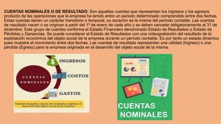CUENTAS NOMINALES O DE RESULTADO: Son aquellas cuentas que representan los ingresos y los egresos
producto de las operaciones que la empresa ha tenido entre un periodo determinado comprendido entre dos fechas.
Estas cuentas tienen un carácter transitorio o temporal, su duración es la misma del periodo contable. Las cuentas
de resultado nacen o se originan a partir del 1º de enero de cada año y se deben cancelar obligatoriamente al 31 de
diciembre. Este grupo de cuentas conforma el Estado Financiero denominado Estado de Resultados o Estado de
Pérdidas y Ganancias. Se puede considerar el Estado de Resultados con una vídeograbación del resultado de la
explotación económica del objeto social de la empresa durante un período contable. Es por tanto un estado dinámico
pues muestra el movimiento entre dos fechas. Las cuentas de resultado representan una utilidad (Ingreso) o una
pérdida (Egreso) para la empresa originada en el desarrollo del objeto social de la misma.
 