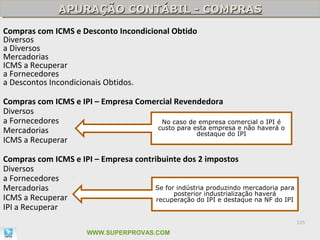 APURAÇÃO CONTÁBIL - COMPRAS
               APURAÇÃO CONTÁBIL - COMPRAS
Compras com ICMS e Desconto Incondicional Obtido
Diversos
a Diversos
Mercadorias
ICMS a Recuperar
a Fornecedores
a Descontos Incondicionais Obtidos.

Compras com ICMS e IPI – Empresa Comercial Revendedora
Diversos
a Fornecedores                         No caso de empresa comercial o IPI é
Mercadorias                           custo para esta empresa e não haverá o
                                                  destaque do IPI
ICMS a Recuperar

Compras com ICMS e IPI – Empresa contribuinte dos 2 impostos
Diversos
a Fornecedores
Mercadorias                           Se for indústria produzindo mercadoria para
                                            posterior industrialização haverá
ICMS a Recuperar                       recuperação do IPI e destaque na NF do IPI
IPI a Recuperar
                                                                                    105

                       WWW.SUPERPROVAS.COM
 