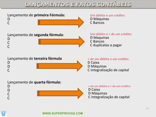 LANÇAMENTOS E FATOS CONTÁBEIS
         LANÇAMENTOS E FATOS CONTÁBEIS
Lançamento de primeira Fórmula:           Um débito e um crédito:
D                                         D Máquinas
C                                         C Bancos


Lançamento de segunda fórmula:            Um débito e + de um crédito:
D                                         D Maquinas
C                                         C Bancos
C                                         C duplicatas a pagar


Lançamento de terceira fórmula           + de um débito e um crédito:
D                                        D Caixa
D                                        D Máquinas
C                                        C Integralização de capital


Lançamento de quarta fórmula:
D                                        + de um débito e + de um crédito:
D                                        D Caixa
C                                        D Máquinas
C                                        C Integralização de capital

                                                                             25

                   WWW.SUPERPROVAS.COM
 
