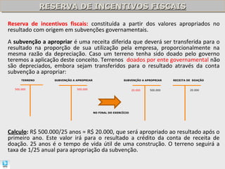 RESERVA DE INCENTIVOS FISCAIS
                RESERVA DE INCENTIVOS FISCAIS

Reserva de incentivos fiscais: constituída a partir dos valores apropriados no
resultado com origem em subvenções governamentais.
A subvenção a apropriar é uma receita diferida que deverá ser transferida para o
resultado na proporção de sua utilização pela empresa, proporcionalmente na
mesma razão da depreciação. Caso um terreno tenha sido doado pelo governo
teremos a aplicação deste conceito. Terrenos doados por ente governamental não
são depreciados, embora sejam transferidos para o resultado através da conta
subvenção a apropriar:
      TERRENO      SUBVENÇÃO A APROPRIAR                    SUBVENÇÃO A APROPRIAR     RECEITA DE DOAÇÃO


  500.000                      500.000                             20.000   500.000            20.000




                                           NO FINAL DO EXERCÍCIO




Calculo: R$ 500.000/25 anos = R$ 20.000, que será apropriado ao resultado após o
primeiro ano. Este valor irá para o resultado a crédito da conta de receita de
doação. 25 anos é o tempo de vida útil de uma construção. O terreno seguirá a
taxa de 1/25 anual para apropriação da subvenção.
 