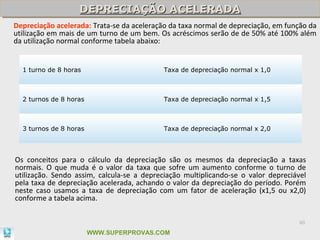 DEPRECIAÇÃO ACELERADA
                   DEPRECIAÇÃO ACELERADA
Depreciação acelerada: Trata-se da aceleração da taxa normal de depreciação, em função da
utilização em mais de um turno de um bem. Os acréscimos serão de de 50% até 100% além
da utilização normal conforme tabela abaixo:


  1 turno de 8 horas                        Taxa de depreciação normal x 1,0



  2 turnos de 8 horas                       Taxa de depreciação normal x 1,5



  3 turnos de 8 horas                       Taxa de depreciação normal x 2,0




Os conceitos para o cálculo da depreciação são os mesmos da depreciação a taxas
normais. O que muda é o valor da taxa que sofre um aumento conforme o turno de
utilização. Sendo assim, calcula-se a depreciação multiplicando-se o valor depreciável
pela taxa de depreciação acelerada, achando o valor da depreciação do período. Porém
neste caso usamos a taxa de depreciação com um fator de aceleração (x1,5 ou x2,0)
conforme a tabela acima.

                                                                                    80

                        WWW.SUPERPROVAS.COM
 
