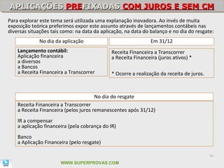 APLICAÇÕES PREFIXADAS COM JUROS E SEM CM
APLICAÇÕES PREFIXADAS COM JUROS E SEM CM
Para explorar este tema será utilizada uma explanação inovadora. Ao invés de muita
exposição teórica preferimos expor este assunto através de lançamentos contábeis nas
diversas situações tais como: na data da aplicação, na data do balanço e no dia do resgate:
             No dia da aplicação                                Em 31/12
    Lançamento contábil:                      Receita Financeira a Transcorrer
    Aplicação financeira                      a Receita Financeira (juros ativos) *
    a diversos
    a Bancos
    a Receita Financeira a Transcorrer        * Ocorre a realização da receita de juros.



                                      No dia do resgate
    Receita Financeira a Transcorrer
    a Receita Financeira (pelos juros remanescentes após 31/12)
    IR a compensar
    a aplicação financeira (pela cobrança do IR)
    Banco
    a Aplicação Financeira (pelo resgate)

                                                                                           90

                       WWW.SUPERPROVAS.COM
 
