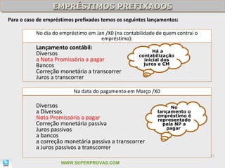 EMPRÉSTIMOS PREFIXADOS
                  EMPRÉSTIMOS PREFIXADOS
Para o caso de empréstimos prefixados temos os seguintes lançamentos:

           No dia do empréstimo em Jan /X0 (na contabilidade de quem contrai o
                                     empréstimo):
           Lançamento contábil:
                                                           Há a
           Diversos                                  contabilização
           a Nota Promissória a pagar                  inicial dos
           Bancos                                      juros e CM
           Correção monetária a transcorrer
           Juros a transcorrer

                          Na data do pagamento em Março /X0

           Diversos                                               No
           a Diversos                                        lançamento o
           Nota Promissória a pagar                          empréstimo é
                                                             representado
           Correção monetária passiva                          pela NP a
           Juros passivos                                       pagar
           a bancos
           a correção monetária passiva a transcorrer
           a Juros passivos a transcorrer
                                                                                 93

                     WWW.SUPERPROVAS.COM
 