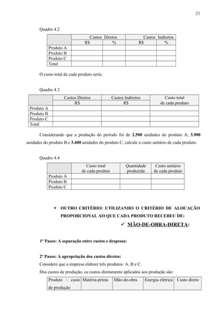 Quadro 4.2
Custos Diretos Custos Indiretos
R$ % R$ %
Produto A
Produto B
Produto C
Total
O custo total de cada produto seria:
Quadro 4.3
Custos Diretos Custos Indiretos Custo total
R$ R$ de cada produto
Produto A
Produto B
Produto C
Total
Considerando que a produção do período foi de 2.500 unidades do produto A, 3.900
unidades do produto B e 3.400 unidades do produto C, calcule o custo unitário de cada produto.
Quadro 4.4
Custo total Quantidade Custo unitário
de cada produto produzida de cada produto
Produto A
Produto B
Produto C
 OUTRO CRITÉRIO: UTILIZANDO O CRITÉRIO DE ALOCAÇÃO
PROPORCIONAL AO QUE CADA PRODUTO RECEBEU DE:
 MÃO-DE-OBRA-DIRETA:
1º Passo: A separação entre custos e despesas:
2º Passo: A apropriação dos custos diretos:
Considere que a empresa elabore três produtos: A, B e C.
Dos custos de produção, os custos diretamente aplicados aos produção são:
Produto  custo
de produção
Matéria-prima Mão-de-obra Energia elétrica Custo direto
21
 