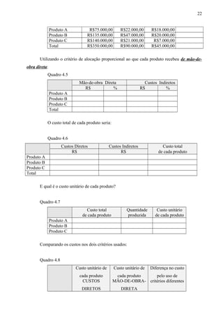 Produto A R$75.000,00 R$22.000,00 R$18.000,00
Produto B R$135.000,00 R$47.000,00 R$20.000,00
Produto C R$140.000,00 R$21.000,00 R$7.000,00
Total R$350.000,00 R$90.000,00 R$45.000,00
Utilizando o critério de alocação proporcional ao que cada produto recebeu de mão-de-
obra direta:
Quadro 4.5
Mão-de-obra Direta Custos Indiretos
R$ % R$ %
Produto A
Produto B
Produto C
Total
O custo total de cada produto seria:
Quadro 4.6
Custos Diretos Custos Indiretos Custo total
R$ R$ de cada produto
Produto A
Produto B
Produto C
Total
E qual é o custo unitário de cada produto?
Quadro 4.7
Custo total Quantidade Custo unitário
de cada produto produzida de cada produto
Produto A
Produto B
Produto C
Comparando os custos nos dois critérios usados:
Quadro 4.8
Custo unitário de
cada produto
Custo unitário de
cada produto
Diferença no custo
pelo uso de
CUSTOS
DIRETOS
MÃO-DE-OBRA-
DIRETA
critérios diferentes
22
 