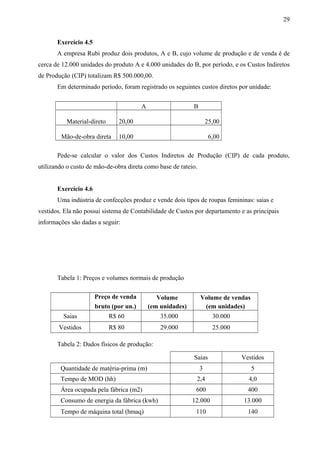 Exercício 4.5
A empresa Rubi produz dois produtos, A e B, cujo volume de produção e de venda é de
cerca de 12.000 unidades do produto A e 4.000 unidades do B, por período, e os Custos Indiretos
de Produção (CIP) totalizam R$ 500.000,00.
Em determinado período, foram registrado os seguintes custos diretos por unidade:
A B
Material-direto 20,00 25,00
Mão-de-obra direta 10,00 6,00
Pede-se calcular o valor dos Custos Indiretos de Produção (CIP) de cada produto,
utilizando o custo de mão-de-obra direta como base de rateio.
Exercício 4.6
Uma indústria de confecções produz e vende dois tipos de roupas femininas: saias e
vestidos. Ela não possui sistema de Contabilidade de Custos por departamento e as principais
informações são dadas a seguir:
Tabela 1: Preços e volumes normais de produção
Produtos
Preço de venda
Pre-;o de venda
Volume Volume de vendas
bruto (por un.) (em unidades) (em unidades)
Saias R$ 60 35.000 30.000
Vestidos R$ 80 29.000 25.000
Tabela 2: Dados físicos de produção:
Saias Vestidos
Quantidade de matéria-prima (m) 3 5
Tempo de MOD (hh) 2,4 4,0
Área ocupada pela fábrica (m2) 600 400
Consumo de energia da fábrica (kwh) 12.000 13.000
Tempo de máquina total (hmaq) 110 140
29
 