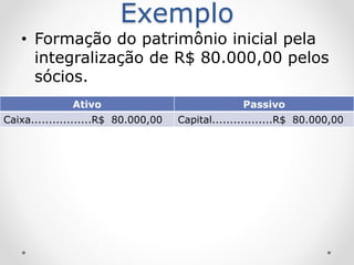 Exemplo
• Formação do patrimônio inicial pela
integralização de R$ 80.000,00 pelos
sócios.
Ativo Passivo
Caixa.................R$ 80.000,00 Capital.................R$ 80.000,00
 