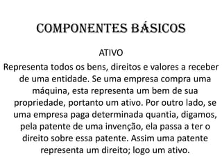 COMPONENTES BÁSICOS
ATIVO
Representa todos os bens, direitos e valores a receber
de uma entidade. Se uma empresa compra uma
máquina, esta representa um bem de sua
propriedade, portanto um ativo. Por outro lado, se
uma empresa paga determinada quantia, digamos,
pela patente de uma invenção, ela passa a ter o
direito sobre essa patente. Assim uma patente
representa um direito; logo um ativo.
 
