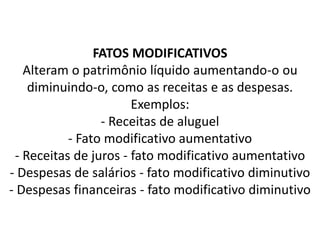 FATOS MODIFICATIVOS
Alteram o patrimônio líquido aumentando-o ou
diminuindo-o, como as receitas e as despesas.
Exemplos:
- Receitas de aluguel
- Fato modificativo aumentativo
- Receitas de juros - fato modificativo aumentativo
- Despesas de salários - fato modificativo diminutivo
- Despesas financeiras - fato modificativo diminutivo
 