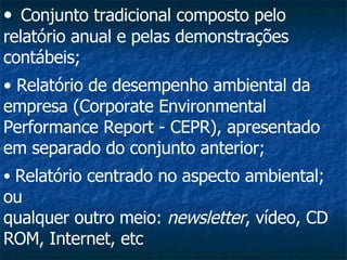 Conjunto tradicional composto pelo relatório anual e pelas demonstrações contábeis;   Relatório de desempenho ambiental da empresa (Corporate Environmental Performance Report - CEPR), apresentado em separado do conjunto anterior;  Relatório centrado no aspecto ambiental; ou  qualquer outro meio:  newsletter , vídeo, CD ROM, Internet, etc 