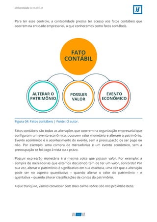 Figura 04: Fatos contábeis | Fonte: O autor.
Para ter esse controle, a contabilidade precisa ter acesso aos fatos contábeis que
ocorrem na entidade empresarial, o que conhecemos como fatos contábeis.
Fatos contábeis são todas as alterações que ocorrem na organização empresarial que
conﬁguram um evento econômico, possuem valor monetário e alteram o patrimônio.
Evento econômico é o acontecimento do evento, sem a preocupação de ser pago ou
não. Por exemplo: uma compra de mercadorias é um evento econômico, sem a
preocupação se foi pago à vista ou a prazo.
Possuir expressão monetária é a mesma coisa que possuir valor. Por exemplo: a
compra de mercadorias que estamos discutindo tem de ter um valor, concorda? Por
sua vez, alterar o patrimônio é signiﬁcativo em sua essência, uma vez que a alteração
pode ser no aspecto quantitativo – quando alterar o valor do patrimônio – e
qualitativa – quando alterar classiﬁcações de contas do patrimônio.
Fique tranquilo, vamos conversar com mais calma sobre isso nos próximos itens.
11
 
