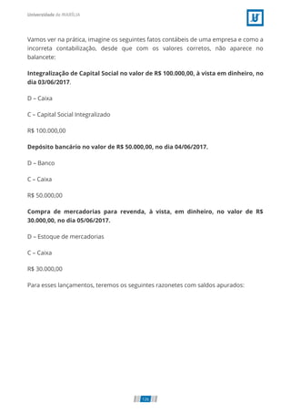 Vamos ver na prática, imagine os seguintes fatos contábeis de uma empresa e como a
incorreta contabilização, desde que com os valores corretos, não aparece no
balancete:
Integralização de Capital Social no valor de R$ 100.000,00, à vista em dinheiro, no
dia 03/06/2017.
D – Caixa
C – Capital Social Integralizado
R$ 100.000,00
Depósito bancário no valor de R$ 50.000,00, no dia 04/06/2017.
D – Banco
C – Caixa
R$ 50.000,00
Compra de mercadorias para revenda, à vista, em dinheiro, no valor de R$
30.000,00, no dia 05/06/2017.
D – Estoque de mercadorias
C – Caixa
R$ 30.000,00
Para esses lançamentos, teremos os seguintes razonetes com saldos apurados:
126
 