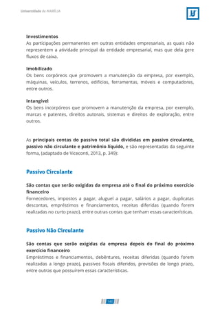 Investimentos
As participações permanentes em outras entidades empresariais, as quais não
representem a atividade principal da entidade empresarial, mas que dela gere
uxos de caixa.
Imobilizado
Os bens corpóreos que promovem a manutenção da empresa, por exemplo,
máquinas, veículos, terrenos, edifícios, ferramentas, móveis e computadores,
entre outros.
Intangível
Os bens incorpóreos que promovem a manutenção da empresa, por exemplo,
marcas e patentes, direitos autorais, sistemas e direitos de exploração, entre
outros.
As principais contas do passivo total são divididas em passivo circulante,
passivo não circulante e patrimônio líquido, e são representadas da seguinte
forma, (adaptado de Viceconti, 2013, p. 349):
Passivo Circulante
São contas que serão exigidas da empresa até o nal do próximo exercício
nanceiro
Fornecedores, impostos a pagar, aluguel a pagar, salários a pagar, duplicatas
descontas, empréstimos e nanciamentos, receitas diferidas (quando forem
realizadas no curto prazo), entre outras contas que tenham essas características.
Passivo Não Circulante
São contas que serão exigidas da empresa depois do nal do próximo
exercício nanceiro
Empréstimos e nanciamentos, debêntures, receitas diferidas (quando forem
realizadas a longo prazo), passivos scais diferidos, provisões de longo prazo,
entre outras que possuírem essas características.
140
 