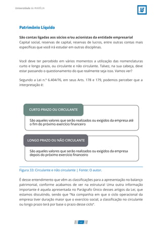 Figura 33: Circulante e não circulante | Fonte: O autor.
Patrimônio Líquido
São contas ligadas aos sócios e/ou acionistas da entidade empresarial
Capital social, reservas de capital, reservas de lucros, entre outras contas mais
especí cas que você irá estudar em outras disciplinas.
Você deve ter percebido em vários momentos a utilização das nomenclaturas
curto e longo prazo, ou circulante e não circulante. Talvez, na sua cabeça, deve
estar passando o questionamento do que realmente seja isso. Vamos ver?
Segundo a Lei n.º 6.404/76, em seus Arts. 178 e 179, podemos perceber que a
interpretação é:
É desse entendimento que vêm as classi cações para a apresentação no balanço
patrimonial, conforme acabamos de ver na estrutura! Uma outra informação
importante é aquela apresentada no Parágrafo Único desses artigos da Lei, que
estamos discutindo, sendo que “Na companhia em que o ciclo operacional da
empresa tiver duração maior que o exercício social, a classi cação no circulante
ou longo prazo terá por base o prazo desse ciclo”.
141
 