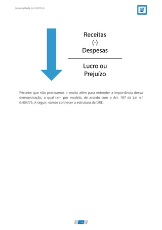 Percebe que não precisamos ir muito além para entender a importância dessa
demonstração, a qual tem por modelo, de acordo com o Art. 187 da Lei n.º
6.404/76. A seguir, vamos conhecer a estrutura da DRE:
158
 
