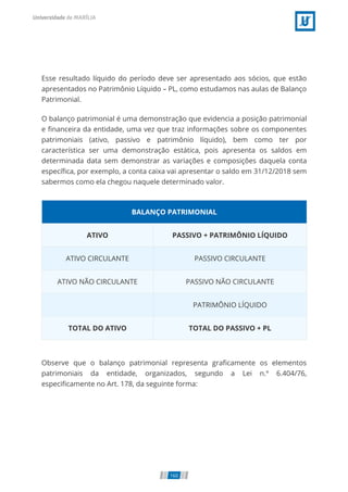 Esse resultado líquido do período deve ser apresentado aos sócios, que estão
apresentados no Patrimônio Líquido – PL, como estudamos nas aulas de Balanço
Patrimonial.
O balanço patrimonial é uma demonstração que evidencia a posição patrimonial
e nanceira da entidade, uma vez que traz informações sobre os componentes
patrimoniais (ativo, passivo e patrimônio líquido), bem como ter por
característica ser uma demonstração estática, pois apresenta os saldos em
determinada data sem demonstrar as variações e composições daquela conta
especí ca, por exemplo, a conta caixa vai apresentar o saldo em 31/12/2018 sem
sabermos como ela chegou naquele determinado valor.
BALANÇO PATRIMONIAL
ATIVO PASSIVO + PATRIMÔNIO LÍQUIDO
ATIVO CIRCULANTE PASSIVO CIRCULANTE
ATIVO NÃO CIRCULANTE PASSIVO NÃO CIRCULANTE
PATRIMÔNIO LÍQUIDO
TOTAL DO ATIVO TOTAL DO PASSIVO + PL
Observe que o balanço patrimonial representa gra camente os elementos
patrimoniais da entidade, organizados, segundo a Lei n.º 6.404/76,
especi camente no Art. 178, da seguinte forma:
160
 