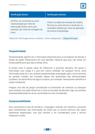 Tabela 03: Veriﬁcação direta e indireta | Fonte: (Adaptada) Disponível aqui
Veriﬁcação Direta Veriﬁcação Indireta
Veriﬁcar um montante ou outra
representação por meio de
observação direta, como, por
exemplo, por meio da contagem de
caixa.
Checar os dados de entrada do modelo,
fórmula ou outra técnica e recalcular os
resultados obtidos por meio da aplicação
da mesma metodologia.
Tempestividade
Tempestividade signiﬁca ter a informação disponível para os tomadores de decisão a
tempo de poder inﬂuenciá-los em suas decisões. Observe aqui que, não existe um
tempo padrão para que seja o tempo certo.
O tempo certo é aquele capaz de inﬂuenciar o processo decisório. Em geral, a
informação mais antiga é a que tem menos utilidade. De qualquer forma, certa
informação pode ter o seu atributo tempestividade prolongado após o encerramento
do período contábil, por exemplo, depois das publicações das demonstrações
contábeis, em decorrência de alguns usuários, por exemplo, necessitarem identiﬁcar e
avaliar tendências.
Imagine uma alta de preços considerável no fornecedor de materiais ou estoques
para revenda, isso pode inﬂuenciar e muito as tomadas de decisões, logo, seu atributo
tempestividade pode ter de ser aumentado ou mais considerado.
Compreensibilidade
Essa característica trata de ponderar a linguagem utilizada nos relatórios, prezando
pelo entendimento das informações de modo que os termos técnicos não sejam
totalmente dispensados, mas que venham a ser considerados junto a termos
coloquiais e cultos.
40
 