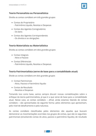 Teoria Personalista ou Personalística
Dividia as contas contábeis em três grandes grupos
Contas do Proprietário
- Patrimônio Líquido, Receitas e Despesas
Contas dos Agentes Consignatários
- Os bens
Contas dos Agentes Correspondentes
- Os direitos e as obrigações
Teoria Materialista ou Materialística
Dividia as contas contábeis em dois grandes grupos
Contas Integrais
- Ativo e Passivo
Contas Diferenciais
- Patrimônio Líquido, Receitas e Despesas
Teoria Patrimonialista (serve de base para a contabilidade atual)
Divide as contas contábeis em dois grandes grupos
Contas Patrimoniais
- Ativo, Passivo e Patrimônio líquido
Contas de Resultado
- Receitas e Despesas
Tomando isso como base, vamos sempre discutir nossas contabilizações sobre o
enfoque da teoria patrimonialista, já que é a que serve de base para a contabilidade
atual. Nesse caso, as contas contábeis – aﬁnal, ainda estamos falando de contas
contábeis – são apresentadas da seguinte forma: pelos elementos que apresentam,
pelo nível de detalhamento e pela natureza.
As contas contábeis classiﬁcadas pelos elementos são aquelas que buscam
demonstrar as movimentações ocorridas nos grupos de contas, que são os seguintes:
patrimoniais (envolvendo contas do ativo, passivo e patrimônio líquido), de resultado
59
 