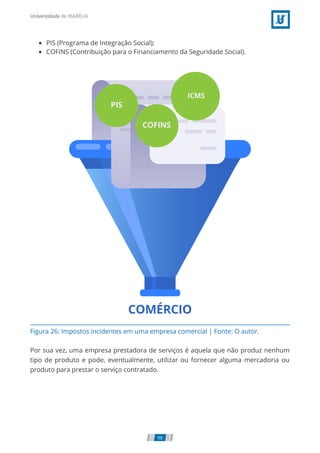 Figura 26: Impostos incidentes em uma empresa comercial | Fonte: O autor.
PIS (Programa de Integração Social);
COFINS (Contribuição para o Financiamento da Seguridade Social).
Por sua vez, uma empresa prestadora de serviços é aquela que não produz nenhum
tipo de produto e pode, eventualmente, utilizar ou fornecer alguma mercadoria ou
produto para prestar o serviço contratado.
98
 