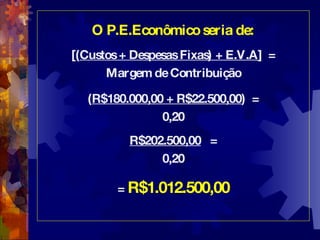O P.E.Econômico seria de: [( Custos + Despesas Fixas) + E.V.A ]  = Margem de Contribuição ( R$180.000,00 + R$22.500,00 )  = 0,20 R$202.500,00   =  0,20 =  R$1.012.500,00 