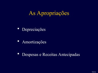As Apropriações
 Depreciações
 Amortizações
 Despesas e Receitas Antecipadas
Retorna
 