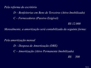 Pela reforma do escritório
D – Benfeitorias em Bens de Terceiros (Ativo Imobilizado)
C – Fornecedores (Passivo Exigível)
R$ 12.000
Mensalmente, a amortização será contabilizada da seguinte forma:
Pela amortização mensal
D – Despesa de Amortização (DRE)
C – Amortização (Ativo Permanente Imobilizado)
R$ 500
Retorna
 