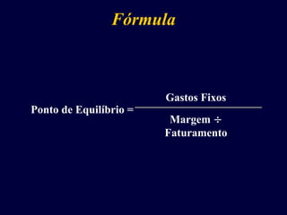 Fórmula
Ponto de Equilíbrio =
Gastos Fixos
Margem 
Faturamento
 