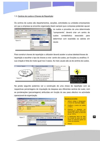 20
Figura 15
Figura 17
1.3. Centros de custos e Chaves de Repartição
Os centros de custos são departamentos, secções, actividades ou unidades empresariais
em que a empresa se encontra organizada Assim sempre que a empresa pretender apurar
os custos e proveitos de uma determinada
“componente”, deverá criar um centro de
custos contabilístico associado para
determinar com exactidão os valores em
causa.
Para construir chaves de repartição o utilizador deverá aceder a outras tabelas/chaves de
repartição e escolher o tipo de chaves a criar: centro de custos, por funções ou analítica. A
sua criação é feita de modo igual nos 3 casos. As mais usuais são as de centros de custos.
Na janela seguinte podemos ver a construção de uma chave de repartição com as
respectivas percentagens de imputação da despesa aos diferentes centros de custo, com
as ponderações (percentagens) atribuídas em função do seu peso efectivo na actividade
operacional da organização
1.3.
1.4. Documentos
Tabelas de
apoio
Sequência de tarefas:
1. Atribuir código e designação
à chave de repartição (REP);
2. Codificar o centro de custos
(11001);
3. Distribuir a despesa em
percentagem pelos diferentes
centros de custos (o total terá
de ser 100%);
4. A distribuição deve ser feita
em função do peso de cada
centro na estrutura global de
custos da empresa;
5. Gravar.
Figura 16
Acção
Evidenciar a importância
dos centros de custos no
apuramento dos custos
directos e indirectos.
 