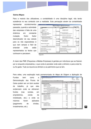 48
Outros Mapas
Para a maioria dos utilizadores, a contabilidade é uma disciplina legal, não tendo
substância no seu conteúdo com a realidade. Esta percepção advém da contabilidade
representar acontecimentos
passados, quando a actividade
das empresas é feita de uma
dinâmica em constante
mutação. Outro factor
desmotivador do seu estudo
para os não especialistas é
que nem sempre e fácil de
entender onde estão
representados os factos que
conhecem e percebem.
A maior das PME (Pequenas e Médias Empresas) é geridas por indivíduos que se fizeram
por si enquanto empresários, o que conta é perceber onde está o dinheiro e para onde foi,
ou foi gasto. Tudo se resume ao dinheiro e ao património que se tem.
Para estes, uma explicação mais pormenorizada do Mapa de Origem e Aplicação de
Fundos bem como a
Demonstração dos Fluxos de
Caixa podem ser um bom auxiliar
de trabalho, já que eles
evidenciam onde se obtiveram
fundos (nas vendas, em
empréstimos, venda de
imobilizado, etc.) e onde os
mesmos foram aplicados
(pagamento de dívidas,
investimentos, etc.)
Figura 44
Figura 45
 