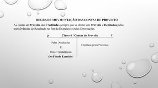 REGRA DE MOVMENTAÇÃO DAS CONTAS DE PROVEITO
As contas de Proveito são Creditadas sempre que se obtém um Proveito e Debitadas pelas
transferências de Resultado no fim do Exercício e pelas Devoluções.
Pelas Devoluções
E
Pelas Transferências
(No Fim do Exercício)
Creditada pelos Proveitos
C
D Classe 6 / Contas de Proveito
 