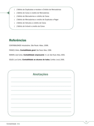 11
Contabilidade  A01
Referências
CONTABILIDADE introdutória. São Paulo: Atlas, 1998.
FRANCO, Hilário. Contabilidade geral. São Paulo: Atlas, 1998.
MARION, José Carlos. Contabilidade empresarial. 11. ed. São Paulo: Atlas, 2005.
SOUZA, Luis Carlos. Contabilidade ao alcance de todos. Curitiba: Juruá, 2006.
( ) Débito de Duplicatas a receber e Crédito de Mercadorias
( ) Débito de Caixa e credito de Mercadorias
( ) Débito de Mercadorias e crédito de Caixa
( ) Débito de Mercadorias e credito de Duplicata a Pagar
( ) Débito de Veículos e crédito de Caixa
( ) Débito de Imóvel e credito de Caixa
Anotações
 