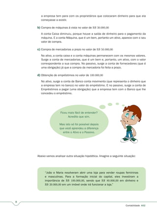 8
Contabilidade A02
a empresa tem para com os proprietários que colocaram dinheiro para que ela
começasse a existir.
b) Compra de máquinas à vista no valor de R$ 30.000,00
A conta Caixa diminuiu, porque houve a saída de dinheiro para o pagamento da
máquina. E a conta Máquina, que é um bem, portanto um ativo, aparece com o seu
valor de compra.
c) Compra de mercadorias a prazo no valor de R$ 50.000,00
No ativo, a conta caixa e a conta máquinas permanecem com os mesmos valores.
Surge a conta de mercadorias, que é um bem e, portanto, um ativo, com o valor
correspondente a sua compra. No passivo, surge a conta de fornecedores (que é
uma obrigação) já que a compra da mercadoria foi feita a prazo.
d) Obtenção de empréstimos no valor de 100.000,00
No ativo, surge a conta de Banco conta movimento (que representa o dinheiro que
a empresa tem no banco) no valor do empréstimo. E no passivo, surge a conta de
Empréstimos a pagar (uma obrigação) que a empresa tem com o Banco que lhe
concedeu o empréstimo.
Ficou mais fácil de entender?
Acredito que sim.
Mas isto só foi possível depois
que você aprendeu a diferença
entre o Ativo e o Passivo.
Abaixo vamos analisar outra situação hipotética. Imagine a seguinte situação:
“João e Maria resolveram abrir uma loja para vender roupas femininas
e masculinas. Para a formação inicial do capital, eles investiram a
importância de R$ 100.000,00, sendo que R$ 80.000,00 em dinheiro e
R$ 20.000,00 em um imóvel onde irá funcionar a loja.”
 