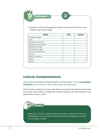 12
Contabilidade A02
Praticando...
1.
Passivo, cada conta a seguir:
CONTAS ATIVO PASSIVO
Duplicatas a pagar
Caixa
Empréstimos a receber
Máquinas e equipamentos
Duplicatas a receber
Empréstimos a pagar
Banco Conta Movimento
Veículos
Móveis e Utensílios
Capital
Imóveis
2
Leituras Complementares
FACULDADE DE ECONOMIA, ADMINISTRAÇÃO E CONTABILIDADE - FEA/USP. Contabilidade
introdutória. 9. ed. São Paulo: Atlas,1998. (Equipe de professores).
Se você quiser conhecer um pouco mais sobre a construção dos gráficos patrimoniais
e/ou sobre como realizar a análise dos mesmos, procure, em uma biblioteca mais
próxima de sua casa, a obra:
Nesta aula, tivemos a oportunidade de começar a entrar no universo da
Contabilidade, com a formação inicial do patrimônio e começando a conhecer
a terminologia contábil.
 