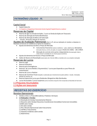 WWW.ADINOEL.COM
                                                                                                         CONTABILIDADE – RESUMOS
                                                                                                          028 – PLANO DE CONTAS
                                                                                     AUTOR: GIVÉIO   (WWW.FORUMCONCURSEIROS.COM)
                                                                                                          ARQUIVO:   CONTABILIDADE-028.DOC



 PATRIMÔNIO LÍQUIDO - PL

Capital Social
    •    Capital Subscrito
    •    (–) Capital a integralizar/ Acionista Conta Capital/ Capital Social a realizar
Reservas de Capital
    •    Reserva de ágio na emissão de Ações / Lucro na Venda de Ações em Tesouraria
    •    Reserva de alienação de Partes Beneficiárias
    •    Reserva de alienação de Bônus de Subscrição
    •    - (Isenção , Devolução, Redução de impostos)
Ajustes de Avaliação Patrimonial (ficam no PL até sua realização em receitas ou despesas no
Resultado do Exercício em obediência ao regime de competência.
    •    Ajustes de elementos do Ativo a Preços de Mercado
                              • Instrumentos financeiros (valores mobiliários – ações, debêntures), Derivativos
                                  (mercados futuros, a termo, de ações, de swaps) e títulos de crédito - (AC e ARLP)
                              • Alienação de controle entre partes independentes (incorporação, fusão e
                                       cisão) excluem sociedades de um mesmo grupo econômico
    •    Ajustes de elementos do Passivo a Preços de Mercado
    •    Saldos de Reserva de Reavaliação (extornados até o final de 2008 ou mantidos até a sua completa realização)
Reservas de Lucros
    •    Reserva Legal
    •    Reserva Estatutária
    •    Reserva para Contingências
    •    Reservas de Lucros Retidos / Orçamentária / Lucros para Expansão ou para Planos de
         Investimentos
    •    Reserva de Lucros a Realizar
    •    Reserva de Incentivos Fiscais (doações e subvenção para investimento do poder público) - Isenção , Devolução,
         Redução de impostos, etc.
    •    Reserva Especial de Lucros para Dividendos Obrigatórios Não Distribuídos
    •    Lucros Acumulados / Lucros Suspensos (conta transitória enquanto não incorporada ao Resultado do Exercício)
(-) Prejuízos Acumulados
(-) Ações em tesouraria

 RECEITAS DO EXERCÍCIO
Receitas Operacionais
    •    Vendas a Vista e a Prazo (Mercadorias, Produtos e Serviços)
    •    (-) Deduções e Vendas
         (-) Devolução de Vendas/ Cancelamento/ Retorno
         (-) Desconto sobre Vendas/ Descontos Incondicionais Concedidos/ Comerciais Concedidos
         (-)ICMS sobre Vendas
         (-) ISS sobre vendas
         (-) PIS s/ Receita Operacional/ sobre Faturamento
         (-) COFINS s/ Faturamento
         (-) Impostos incidentes sobre vendas
         (-) Abatimentos


                                                          Pág. 5
 