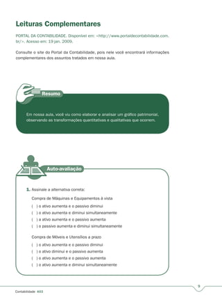 9
Contabilidade A03
Leituras Complementares
PORTAL DA CONTABILIDADE. Disponível em: <http://www.portaldecontabilidade.com.
br/>. Acesso em: 19 jan. 2009.
Consulte o site do Portal da Contabilidade, pois nele você encontrará informações
complementares dos assuntos tratados em nossa aula.
Em nossa aula, você viu como elaborar e analisar um gráfico patrimonial,
observando as transformações quantitativas e qualitativas que ocorrem.
1. Assinale a alternativa correta:
Compra de Máquinas e Equipamentos à vista
( ) o ativo aumenta e o passivo diminui
( ) o ativo aumenta e diminui simultaneamente
( ) a ativo aumenta e o passivo aumenta
( ) o passivo aumenta e diminui simultaneamente
Compra de Móveis e Utensílios a prazo
( ) o ativo aumenta e o passivo diminui
( ) o ativo diminui e o passivo aumenta
( ) o ativo aumenta e o passivo aumenta
( ) o ativo aumenta e diminui simultaneamente
 