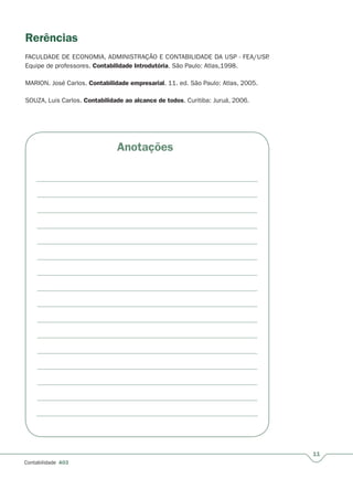 11
Contabilidade A03
Rerências
FACULDADE DE ECONOMIA, ADMINISTRAÇÃO E CONTABILIDADE DA USP - FEA/USP.
Equipe de professores. Contabilidade Introdutória. São Paulo: Atlas,1998.
MARION. José Carlos. Contabilidade empresarial. 11. ed. São Paulo: Atlas, 2005.
SOUZA, Luis Carlos. Contabilidade ao alcance de todos. Curitiba: Juruá, 2006.
Anotações
 