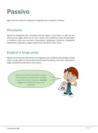 9
Contabilidade A06
Passivo
Agora você vai conhecer os grupos e subgrupos que compõem o Passivo.
Circulante
Agrupa as obrigações que a empresa terá que pagar a curto prazo, ou seja, as que
terão que ser pagas dentro de um ano ( tendo como referência a data da publicação
do balanço), como por exemplo, fornecedores, obrigações tributárias, obrigações
trabalhistas, duplicatas a pagar, empréstimos bancários, entre outras.
Exigível a longo prazo
Agrupa as contas que representam as obrigações que a empresa deverá pagar a longo
prazo, ou seja, após um ano da data da publicação do balanço, tais como: duplicatas a
pagar, empréstimos bancários, entre outras.
Note que uma mesma conta poderá ser alocada
tanto no grupo do Circulante quanto do Exigível
a longo prazo, como por exemplo nas duplicatas
a pagar. Isso vai depender da data do seu
vencimento.
 