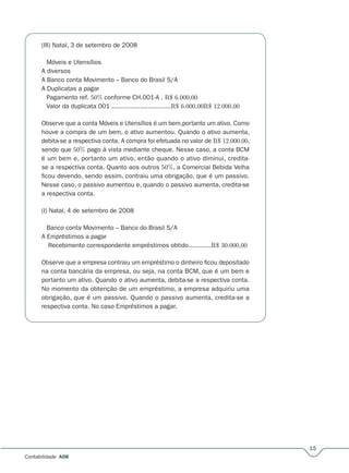 15
Contabilidade A08
(III) Natal, 3 de setembro de 2008
Móveis e Utensílios
A diversos
A Banco conta Movimento – Banco do Brasil S/A
A Duplicatas a pagar
Pagamento ref. 50% conforme CH.001-A . R$ 6.000,00
Valor da duplicata 001 ...............................R$ 6.000,00R$ 12.000,00
Observe que a conta Móveis e Utensílios é um bem,portanto um ativo. Como
houve a compra de um bem, o ativo aumentou. Quando o ativo aumenta,
debita-se a respectiva conta. A compra foi efetuada no valor de R$ 12.000,00,
sendo que 50% pago à vista mediante cheque. Nesse caso, a conta BCM
é um bem e, portanto um ativo, então quando o ativo diminui, credita-
se a respectiva conta. Quanto aos outros 50%, a Comercial Bebida Velha
ficou devendo, sendo assim, contraiu uma obrigação, que é um passivo.
Nesse caso, o passivo aumentou e, quando o passivo aumenta, credita-se
a respectiva conta.
(I) Natal, 4 de setembro de 2008
Banco conta Movimento – Banco do Brasil S/A
A Empréstimos a pagar
Recebimento correspondente empréstimos obtido............R$ 30.000,00
Observe que a empresa contraiu um empréstimo o dinheiro ficou depositado
na conta bancária da empresa, ou seja, na conta BCM, que é um bem e
portanto um ativo. Quando o ativo aumenta, debita-se a respectiva conta.
No momento da obtenção de um empréstimo, a empresa adquiriu uma
obrigação, que é um passivo. Quando o passivo aumenta, credita-se a
respectiva conta. No caso Empréstimos a pagar.
 